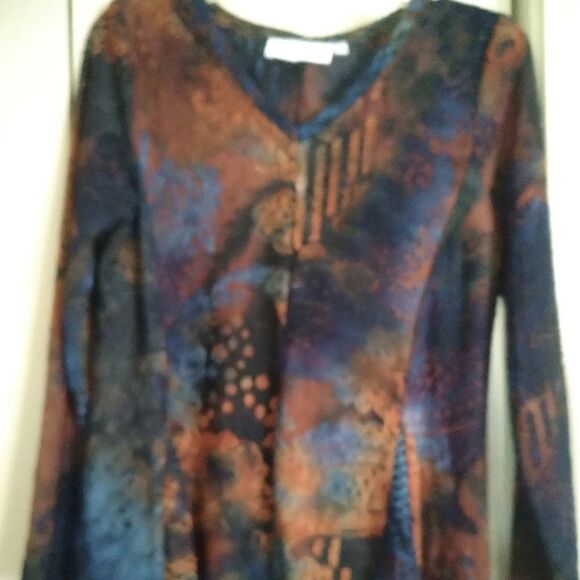 F61 Palila San Francisco rust and blue print blouse. Fall Colors - Picture 1 of 8
